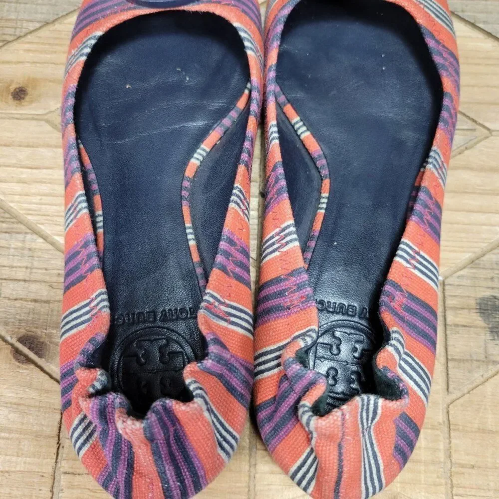 Tory Burch Reva‎ Bauer 5.5M Ballet Flats Slip On Shoes Red Multi Stripe Canvas